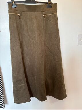 Olive Suede A-Line Skirt with Gold Zippers
